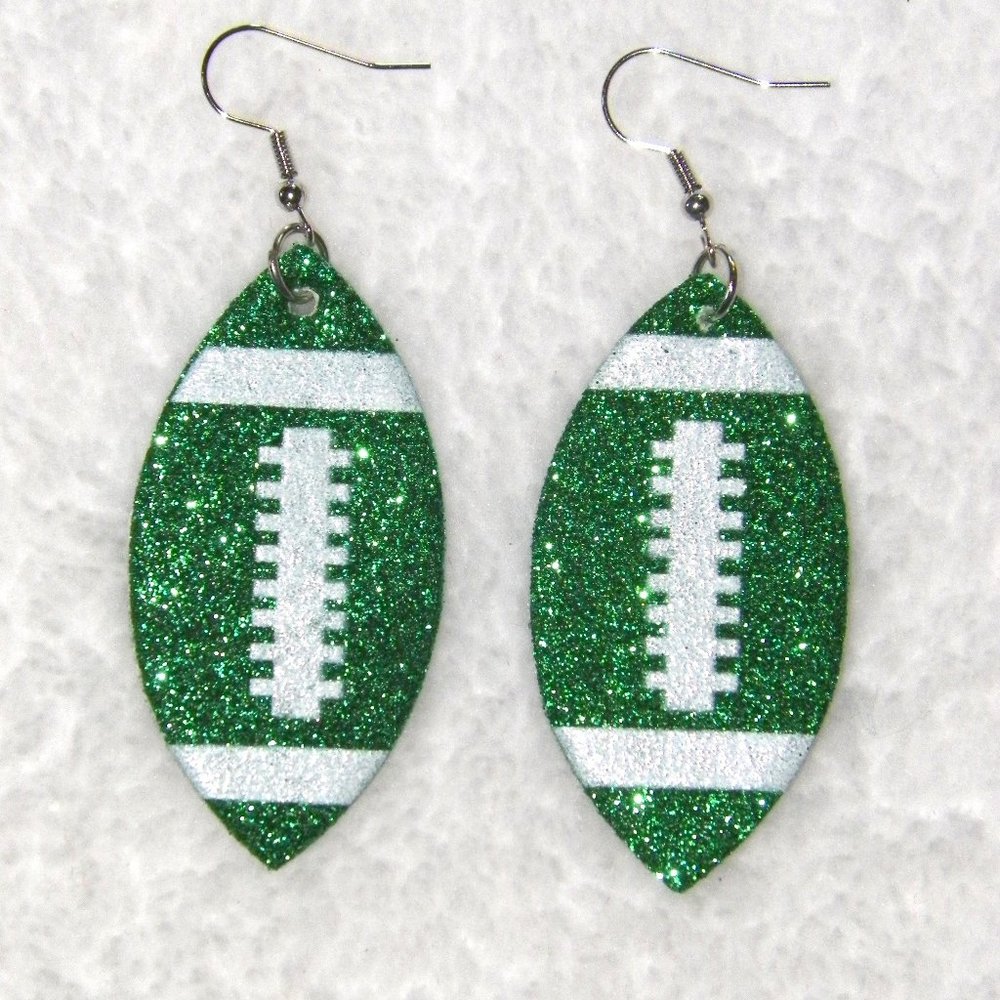 Green Glitter Football Silver Earrings